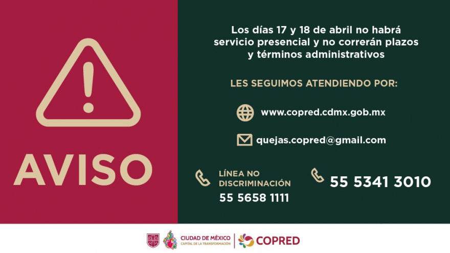 Los días 17 y 18 de abril no habrá servicio presencial.
